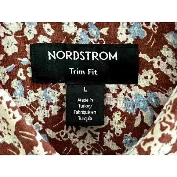 Nordstrom Mns Sz L Floral Trim Fit Button Down Shirt Brown Linen Stretch Fun NWT - Picture 15 of 16